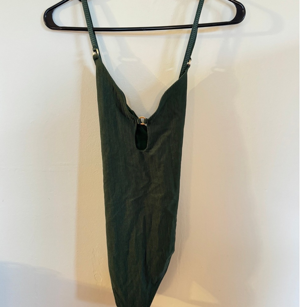 Aerie Real Good Ribbed One Piece Swimsuit Green Cheeky Keyhole Cutout NWT L